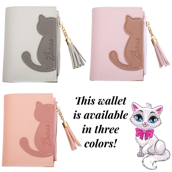 Vegan Leather Two Tone Pink Cat Wallet with Tassel - Picture 14 of 14